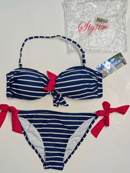 Stylish Other - NWT STYLISH Nautical Striped Bikini White Blue Red Bow Low Rise Swimsuit Lg&Med
